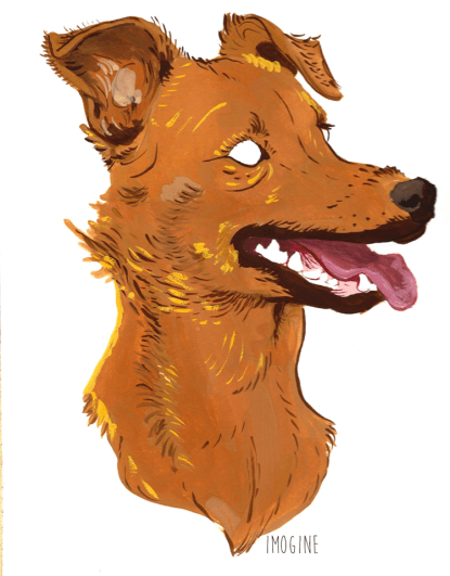 Gouache and Ink Portrait of a red dog panting with ears half perked and blank eyes