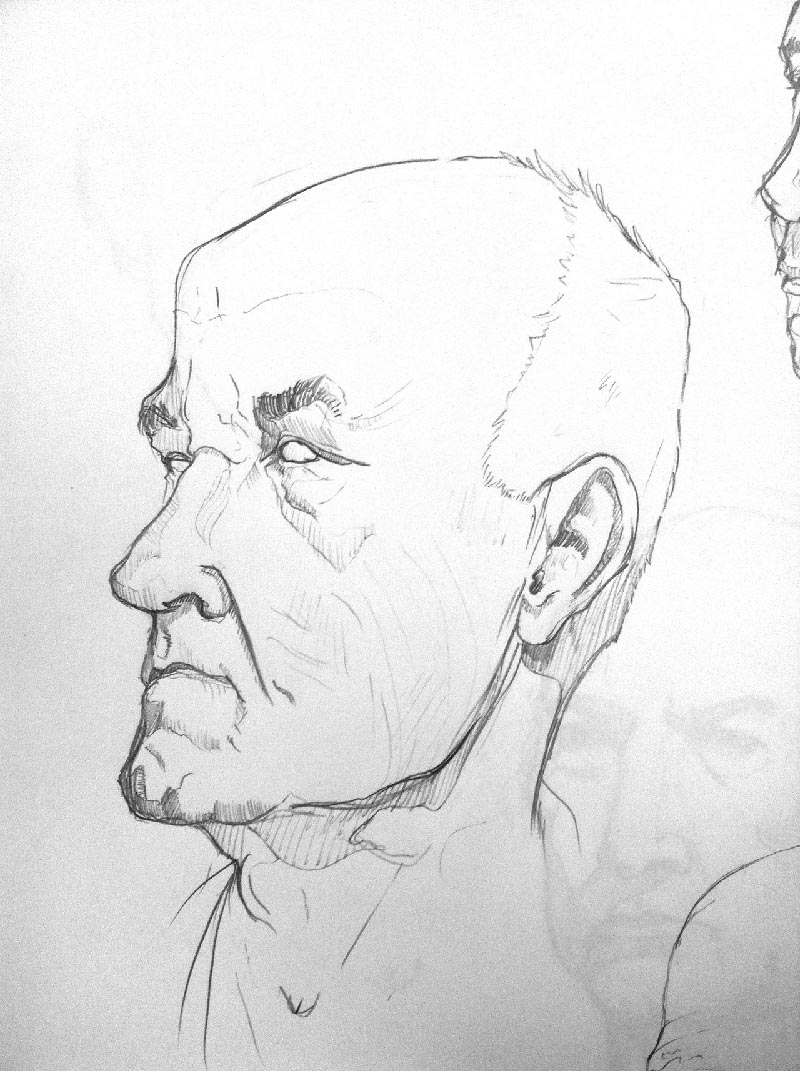 Pencil and Pen portrait of an older man with a large balding forhead and small white eyes