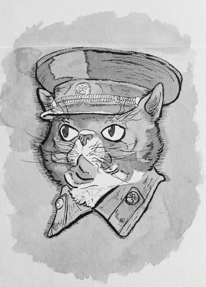 Pen and Ink drawing of a cat in a Military costume